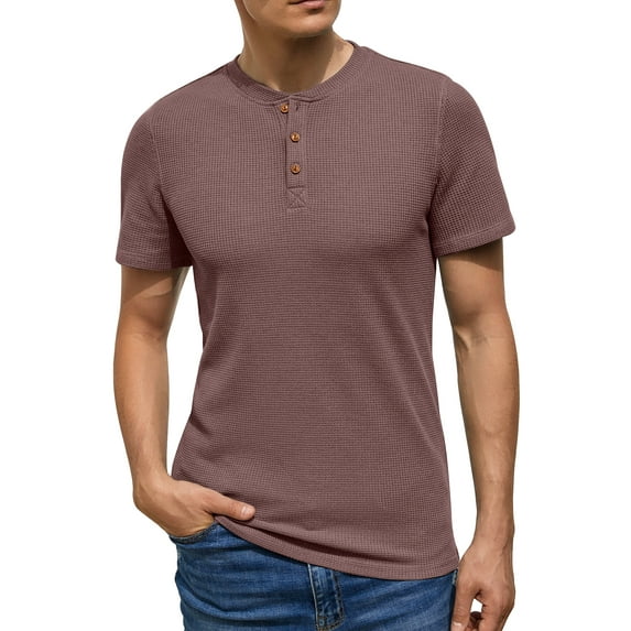 GIRUNS Men's Short Sleeve Waffle Henley T-Shirt Summer Casual Tee For Men