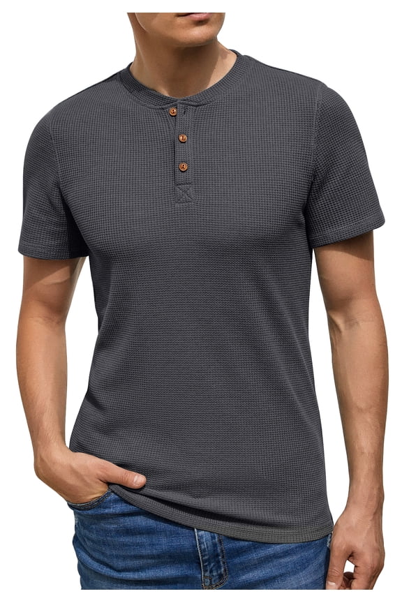 Men's Short Sleeve Waffle Henley T-Shirt Summer Casual Tee For Men