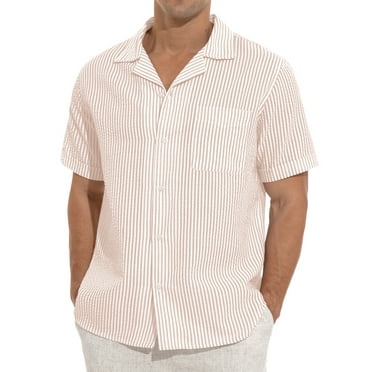 GIRUNS Men's Striped Summer Casual Button Down Shirt Cuban Neck Short Sleeve Hawaiian Beach Shirts