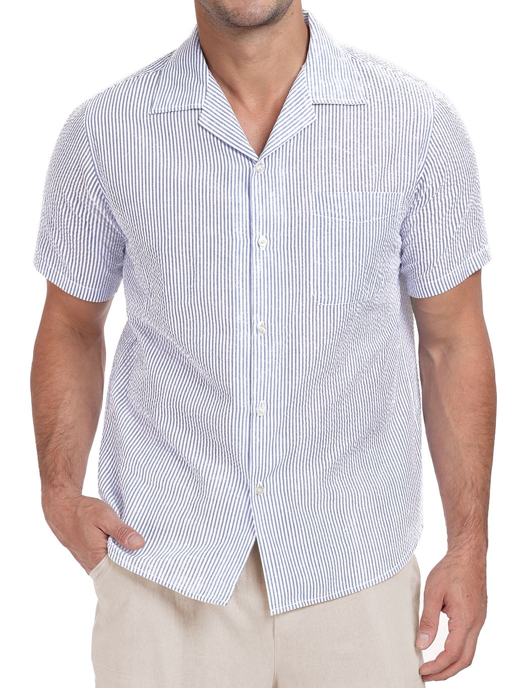 GIRUNS Men's Striped Summer Casual Shirt Button Short Sleeve Hawaiian ...