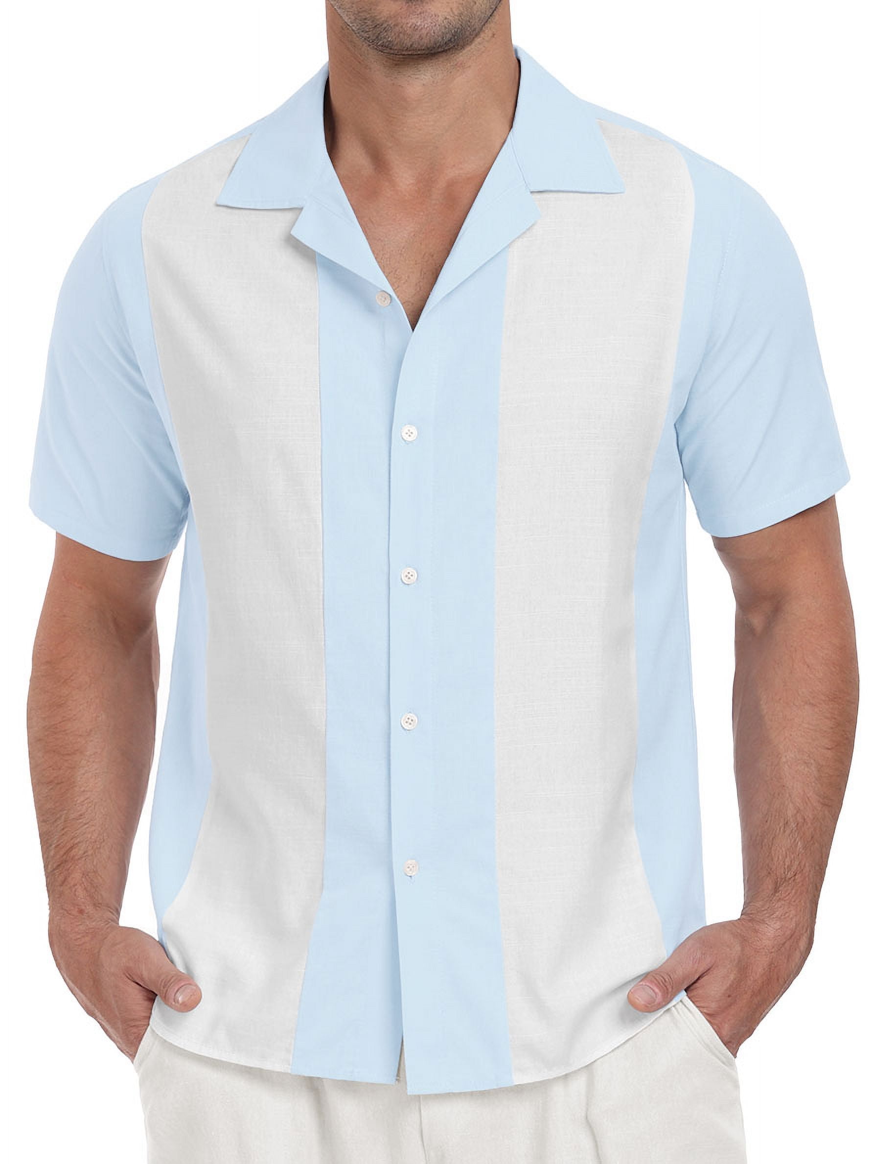 XMMSWDLA Men's Cotton Linen Short Sleeve Shirts Lightweight Casual Button  Down Shirts Summer Beach Spread Collar Tops Light Blue Beach Shirts for Men  