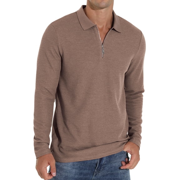 GIRUNS Men's Polo Shirts Long Sleeve Knit Polo Quarter Zipper Casual Waffle Goft Shirt Dark Khaki XL