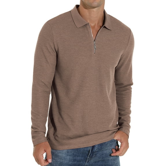 GIRUNS Men's Polo Shirts Waffle Knit Long Sleeve Quarter Zipper Polo T Shirt Casual Tee