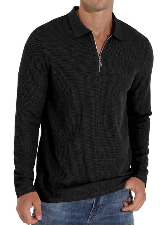 Men's Polo Shirts Long Sleeve Knit Polo Quarter Zipper Casual Waffle Goft Shirt Black L