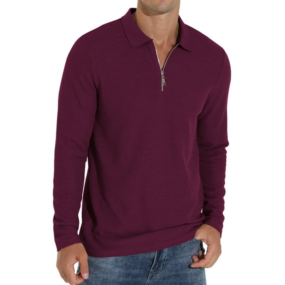 GIRUNS Men's Polo Shirts Waffle Knit Long Sleeve Quarter Zipper Polo T Shirt Casual Tee