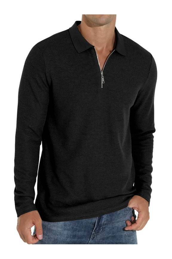 Men's Polo Shirts Waffle Knit Long Sleeve Quarter Zipper Polo T Shirt Casual Tee
