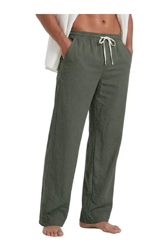 Men's Casual Pants Elastic Waist Lightweight Drawstring Trousers Summer Beach Pants Army Green L