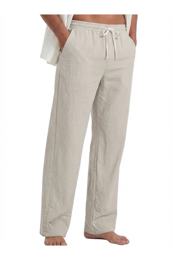 Men's Casual Pants Elastic Waist Lightweight Drawstring Trousers Summer Beach Pants Khaki L