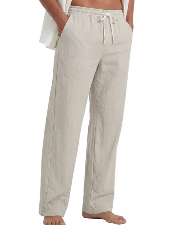 Men's Casual Pants Elastic Waist Lightweight Drawstring Trousers Summer Beach Pants Khaki L