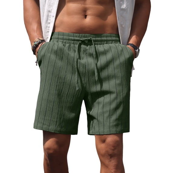GIRUNS Mens Casual Shorts 7 Inch Striped Summer Beach Drawstring Elastic Waist Shorts with Pockets Army Green XL