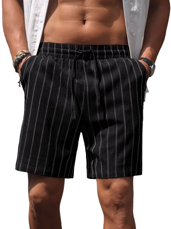 Mens Casual Shorts 7 Inch Striped Summer Beach Drawstring Elastic Waist Shorts with Pockets Black L
