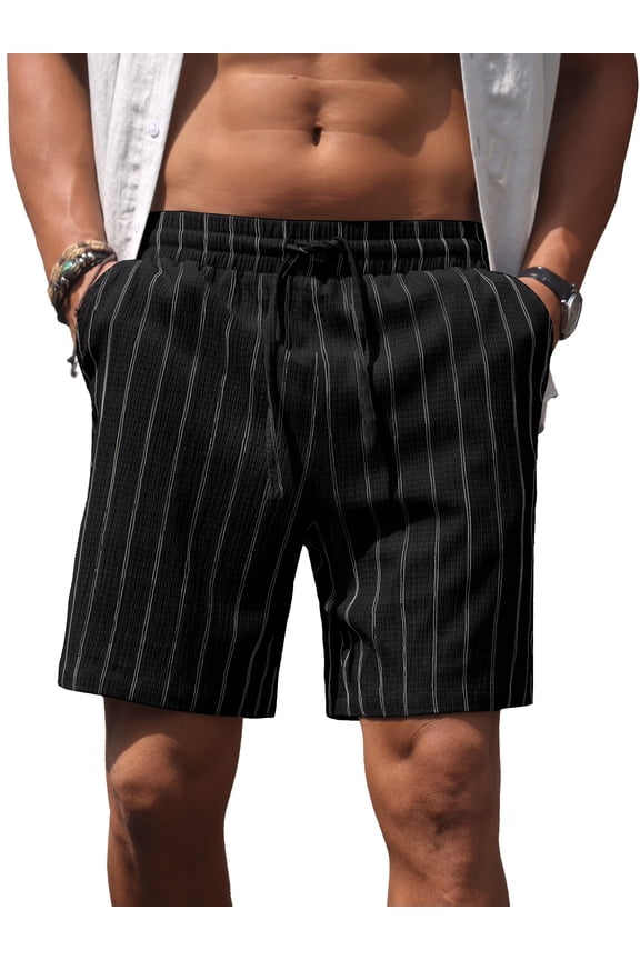 Mens Casual Shorts 7 Inch Striped Summer Beach Drawstring Elastic Waist Shorts with Pockets Black L