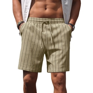 GIRUNS Mens Casual Shorts 7 Inch Striped Summer Beach Drawstring Elastic Waist Shorts with Pockets Khaki L