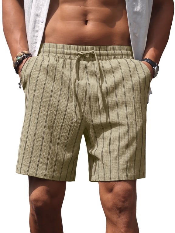 Mens Casual Shorts 7 Inch Striped Summer Beach Drawstring Elastic Waist Shorts with Pockets Khaki L