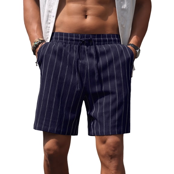 GIRUNS Mens Casual Shorts 7 Inch Striped Summer Beach Drawstring Elastic Waist Shorts with Pockets Navy Blue L