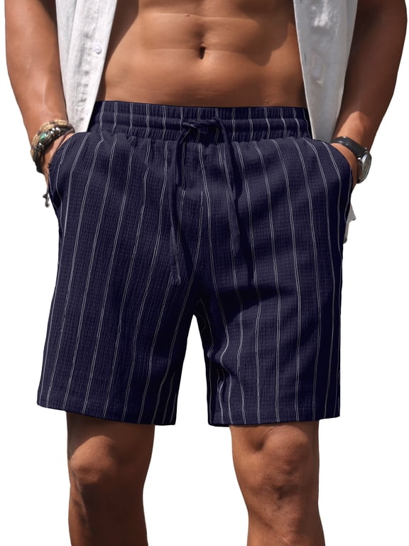 Mens Casual Shorts 7 Inch Striped Summer Beach Drawstring Elastic Waist Shorts with Pockets Navy Blue L