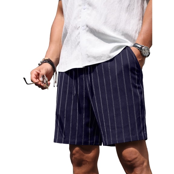GIRUNS Mens Casual Shorts 7 Inch Striped Summer Beach Drawstring Elastic Waist Shorts with Pockets Navy Blue XL