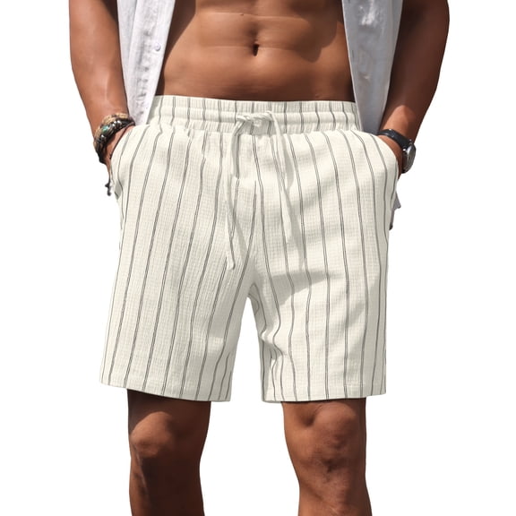 GIRUNS Mens Casual Shorts 7 Inch Striped Summer Beach Drawstring Elastic Waist Shorts with Pockets White L