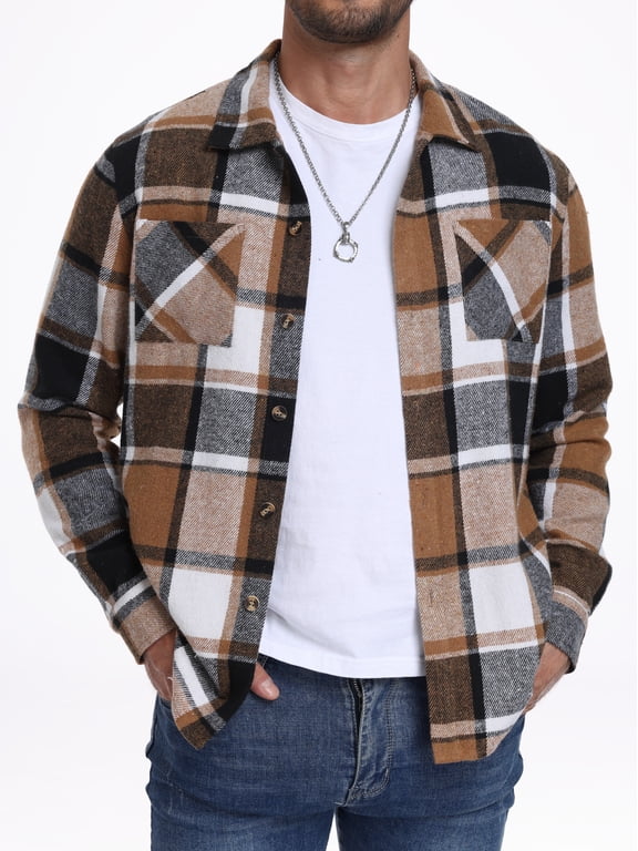 Mens Flannel Shirts Long Sleeve Plaid Shirt Casual Button Down Jacket with Pockets Camel BN Dark Coffee XL