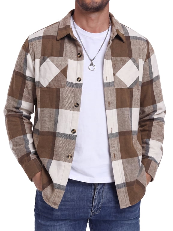 Mens Flannel Shirts Long Sleeve Plaid Shirt Casual Button Down Jacket with Pockets Dark Coffee Gray L