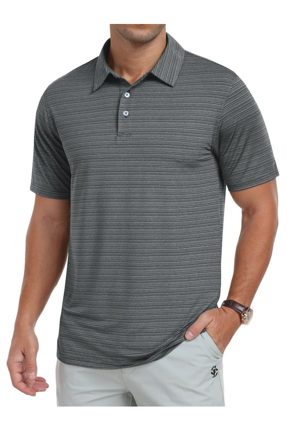 Mens Golf Shirts Moisture Wicking Dry Fit Performance Sport Short Sleeve Casual Striped Polo Shirts Gray Stripe L