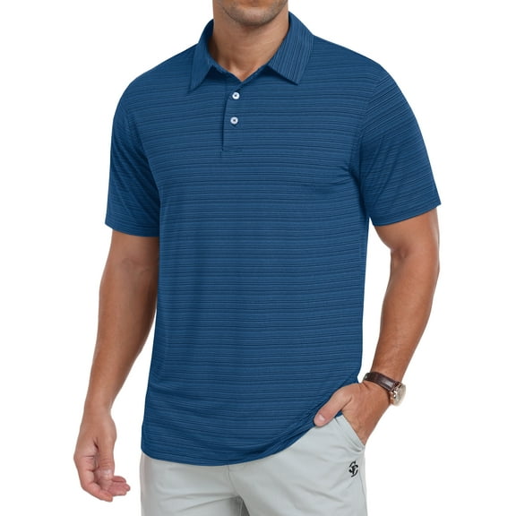 GIRUNS Mens Golf Shirts Moisture Wicking Dry Fit Performance Sport Short Sleeve Casual Striped Polo Shirts Navy Blue Stripe L