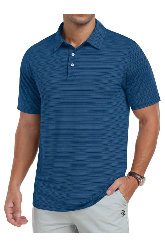 Mens Golf Shirts Moisture Wicking Dry Fit Performance Sport Short Sleeve Casual Striped Polo Shirts Navy Blue Stripe L