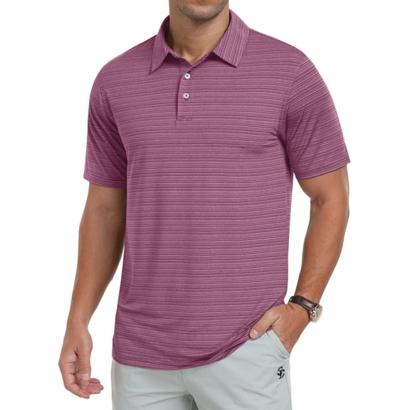 GIRUNS Mens Golf Shirts Moisture Wicking Dry Fit Performance Sport Short Sleeve Casual Striped Polo Shirts Pink Stripe L