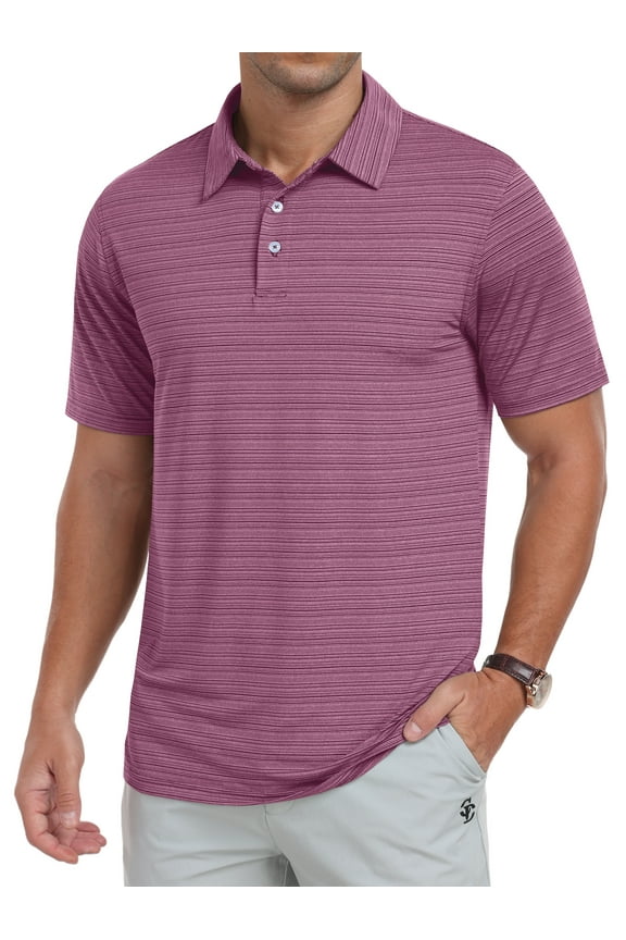 Mens Golf Shirts Moisture Wicking Dry Fit Performance Sport Short Sleeve Casual Striped Polo Shirts Pink Stripe XL