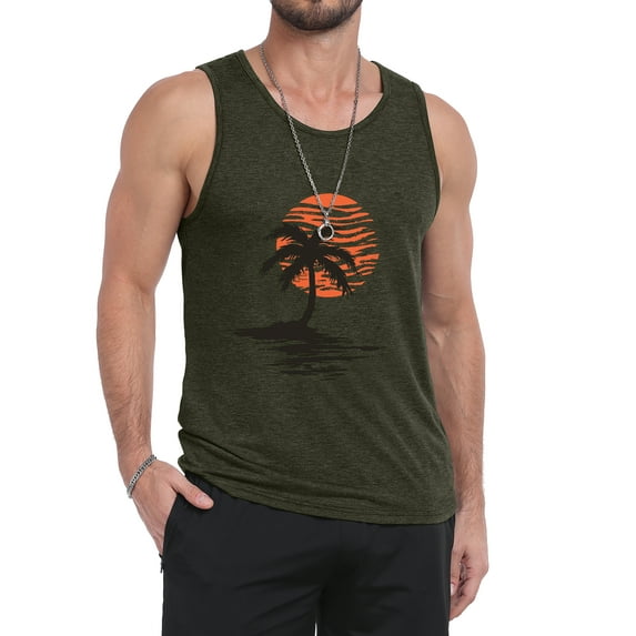 GIRUNS Mens Tank Tops Summer Beach Sleeveless Vacation Shirts Muscle Gym Vest Graphic Tank Top Army Green Sun Palm M