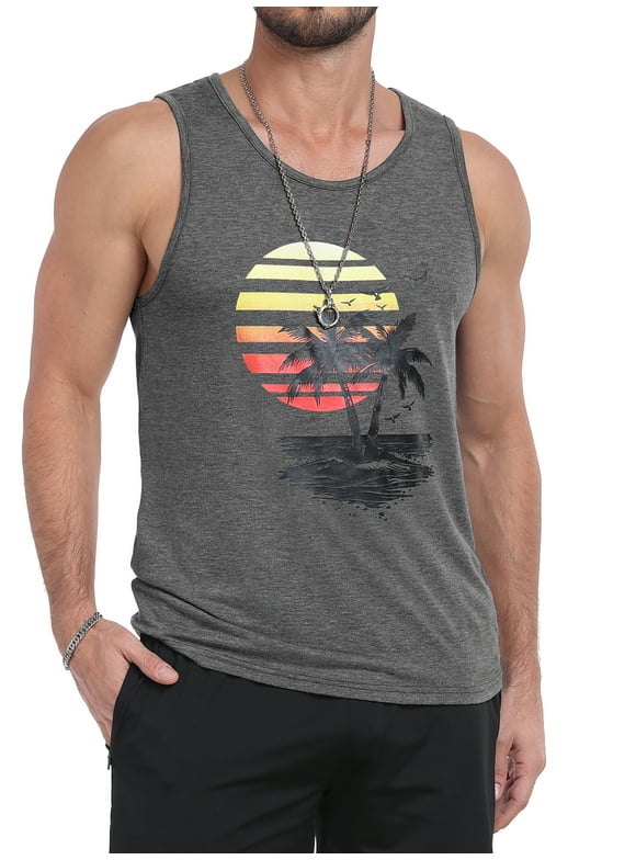 Mens Tank Tops Summer Beach Sleeveless Vacation Shirts Muscle Gym Vest Graphic Tank Top Dark Grey Sun 2 Pal L
