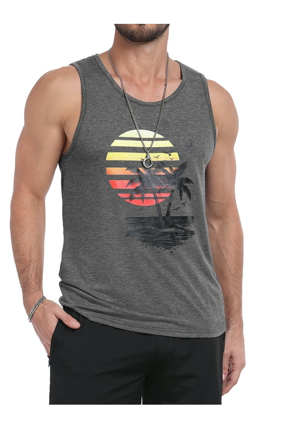 Mens Tank Tops Summer Beach Sleeveless Vacation Shirts Muscle Gym Vest Graphic Tank Top Dark Grey Sun 2 Pal M
