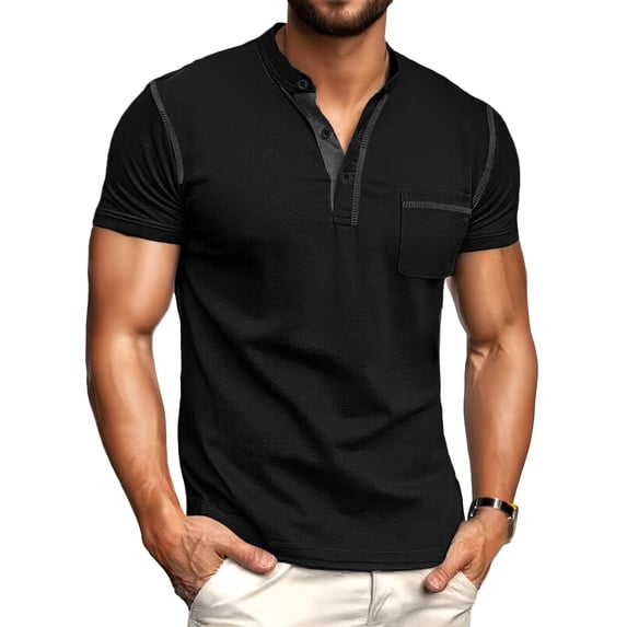GIRUNS Mens Henley Shirts Short Sleeve Casual Classic Cotton T-Shirts Pocket Button Tees Black S
