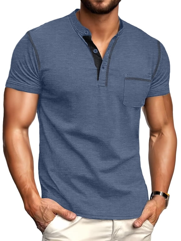 Mens Henley Shirts Short Sleeve Casual Classic Cotton T-Shirts Pocket Button Tees Blue L