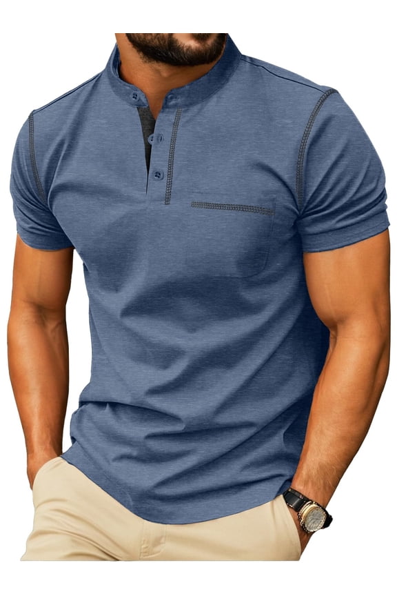 Mens Henley Shirts Short Sleeve Casual Classic Cotton T-Shirts Pocket Button Tees Blue L