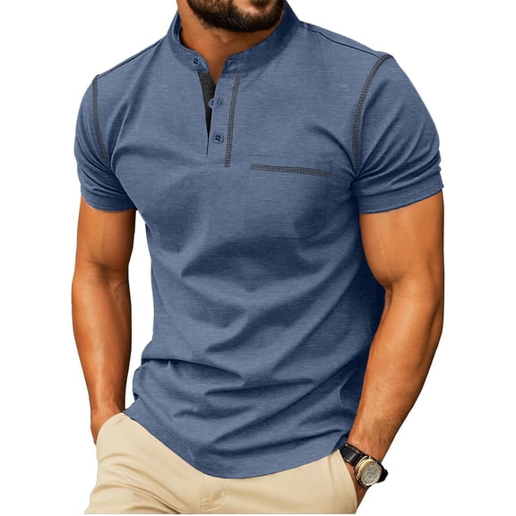 GIRUNS Mens Henley Shirts Short Sleeve Casual Classic Cotton T-Shirts Pocket Button Tees Blue S