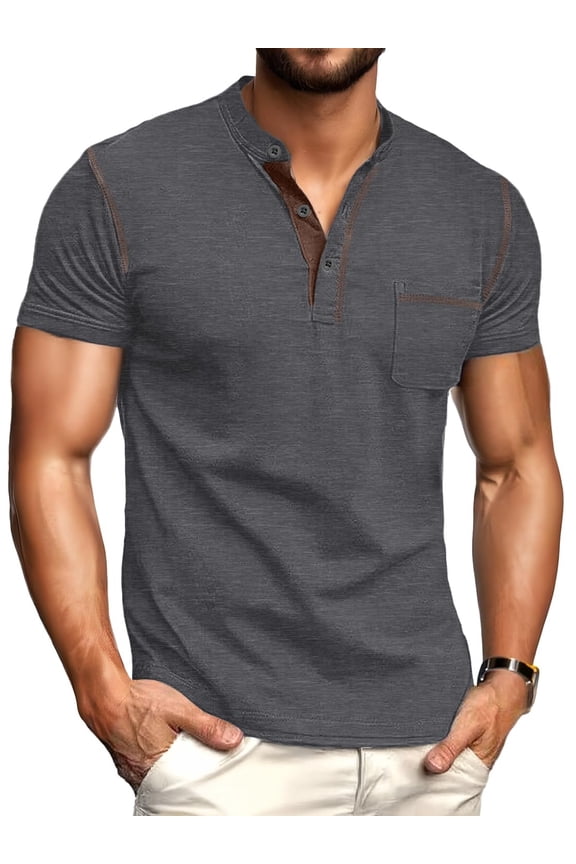 Mens Henley Shirts Short Sleeve Casual Classic Cotton T-Shirts Pocket Button Tees Dark Gray L