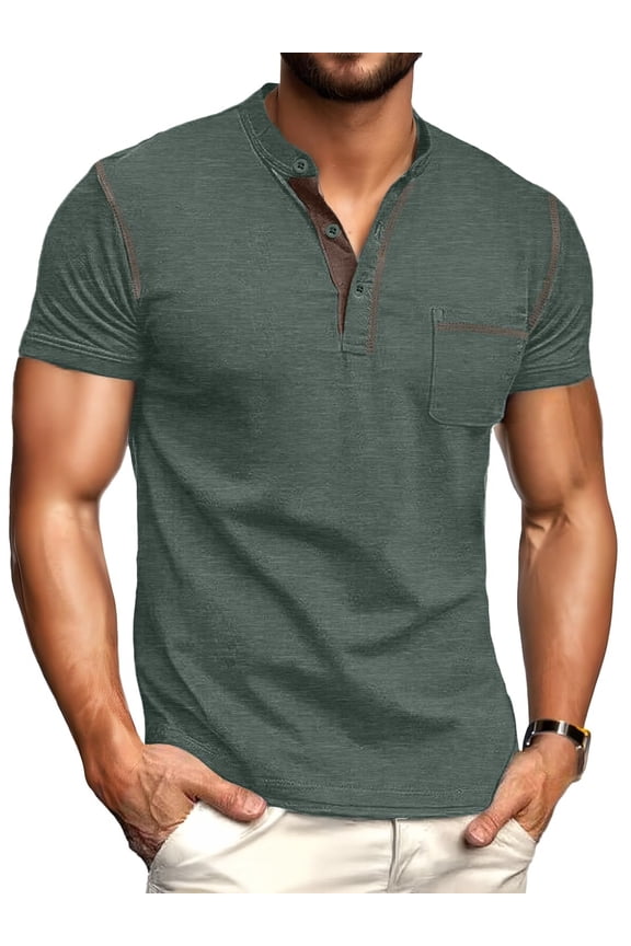 Mens Henley Shirts Short Sleeve Casual Classic Cotton T-Shirts Pocket Button Tees Green L