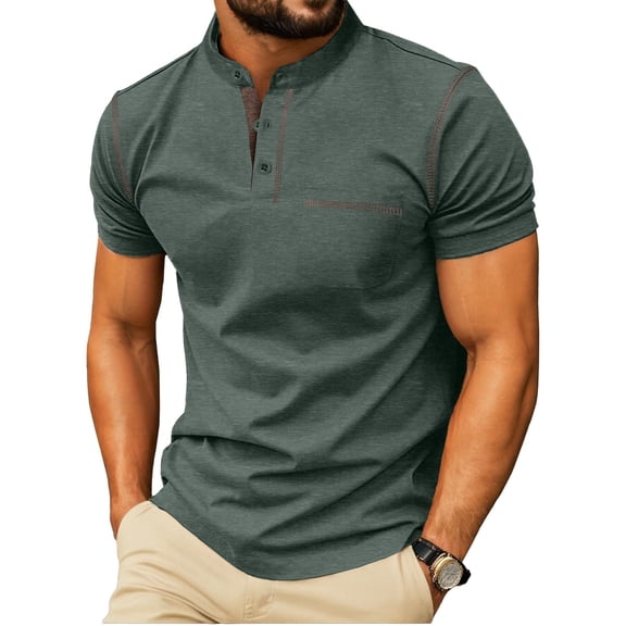 GIRUNS Mens Henley Shirts Short Sleeve Casual Classic Cotton T-Shirts Pocket Button Tees Green S