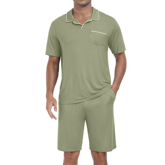 GIRUNS Mens Pajamas Sets Summer Sleepwear Modal Soft Loungewear Short Sleeve and Shorts 2 PCS PJ Sets Army Green L
