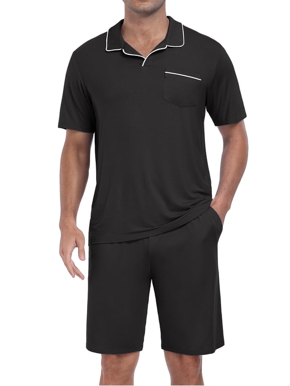Mens Pajamas Sets Summer Sleepwear Modal Soft Loungewear Short Sleeve and Shorts 2 PCS PJ Sets Black L