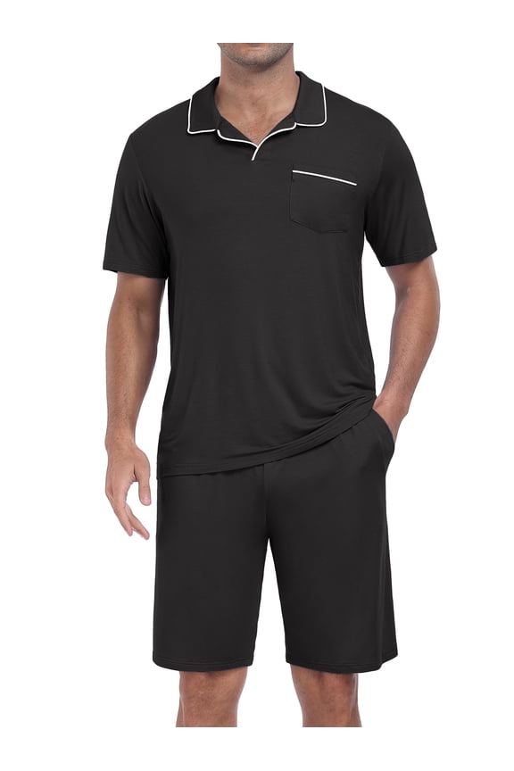 Mens Pajamas Sets Summer Sleepwear Modal Soft Loungewear Short Sleeve and Shorts 2 PCS PJ Sets Black S