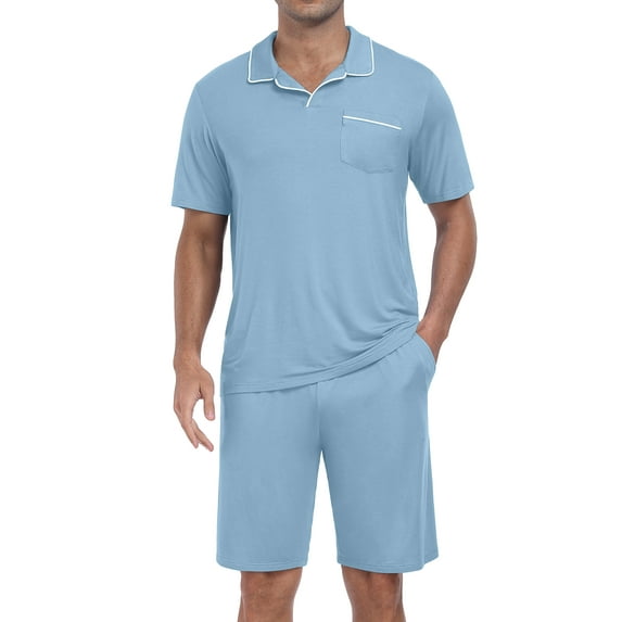 GIRUNS Mens Pajamas Sets Summer Sleepwear Modal Soft Loungewear Short Sleeve and Shorts 2 PCS PJ Sets Gray Blue 2XL