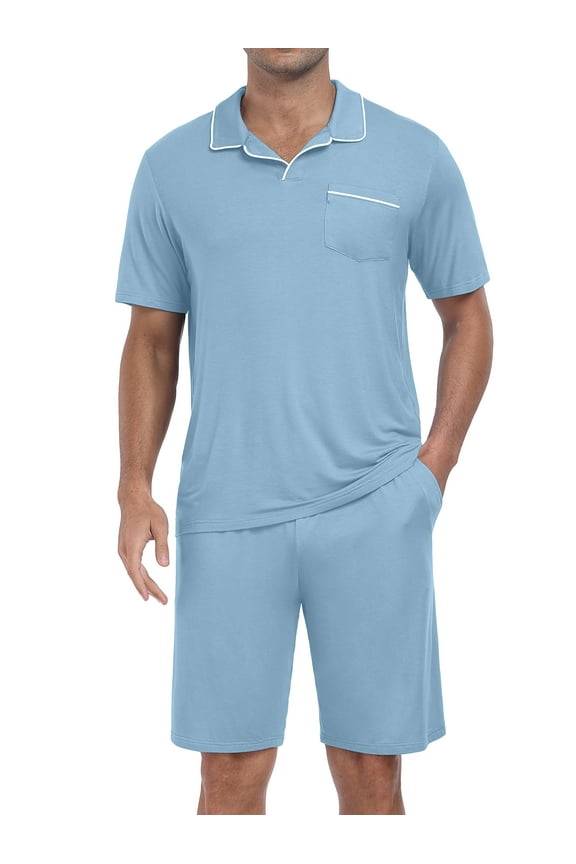 Mens Pajamas Sets Summer Sleepwear Modal Soft Loungewear Short Sleeve and Shorts 2 PCS PJ Sets Gray Blue L