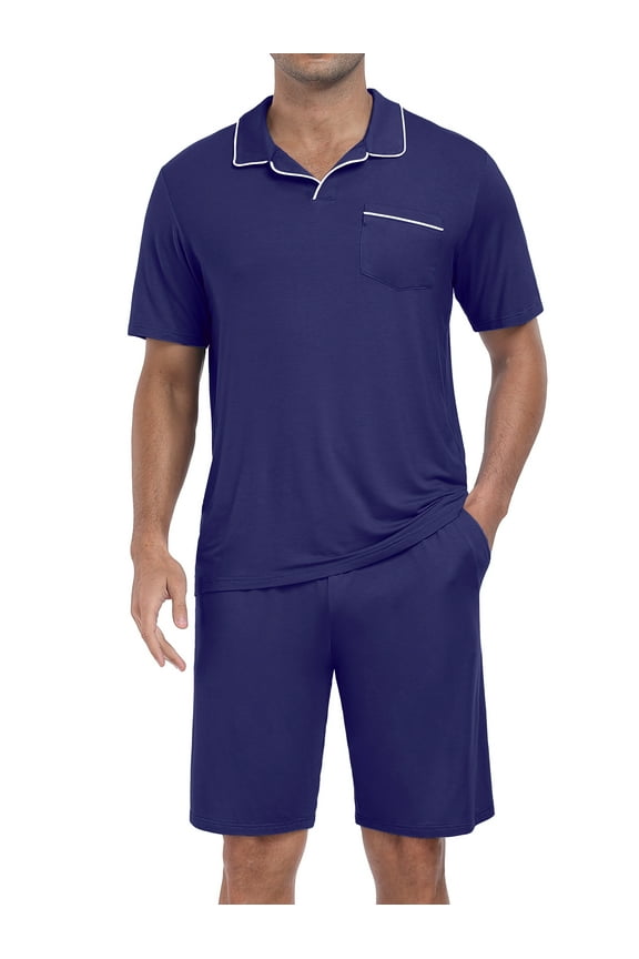 Mens Pajamas Sets Summer Sleepwear Modal Soft Loungewear Short Sleeve and Shorts 2 PCS PJ Sets Navy Blue L