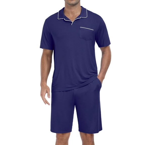 GIRUNS Mens Pajamas Sets Summer Sleepwear Modal Soft Loungewear Short Sleeve and Shorts 2 PCS PJ Sets Navy Blue M