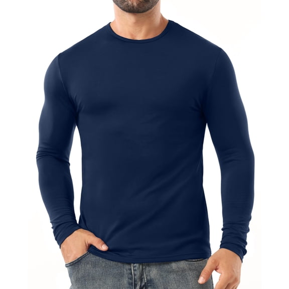 GIRUNS Mens Thermal Long Sleeve T Shirt Basic Crew Neck Undershirt Stretch Base Layer Top Navy Blue L