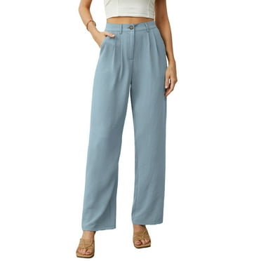 GIRUNS Women's Casual Wide Leg Pants High Waisted Button Loose Pants with Pockets Business Trousers Blue Gray S
