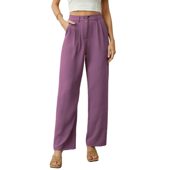 GIRUNS Women's Casual Wide Leg Pants High Waisted Button Loose Pants with Pockets Business Trousers Eggplant purple S