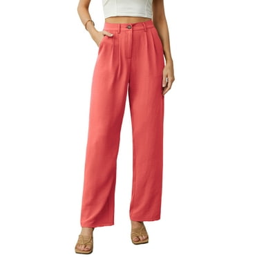 GIRUNS Women's Casual Wide Leg Pants High Waisted Button Loose Pants with Pockets Business Trousers Orange L